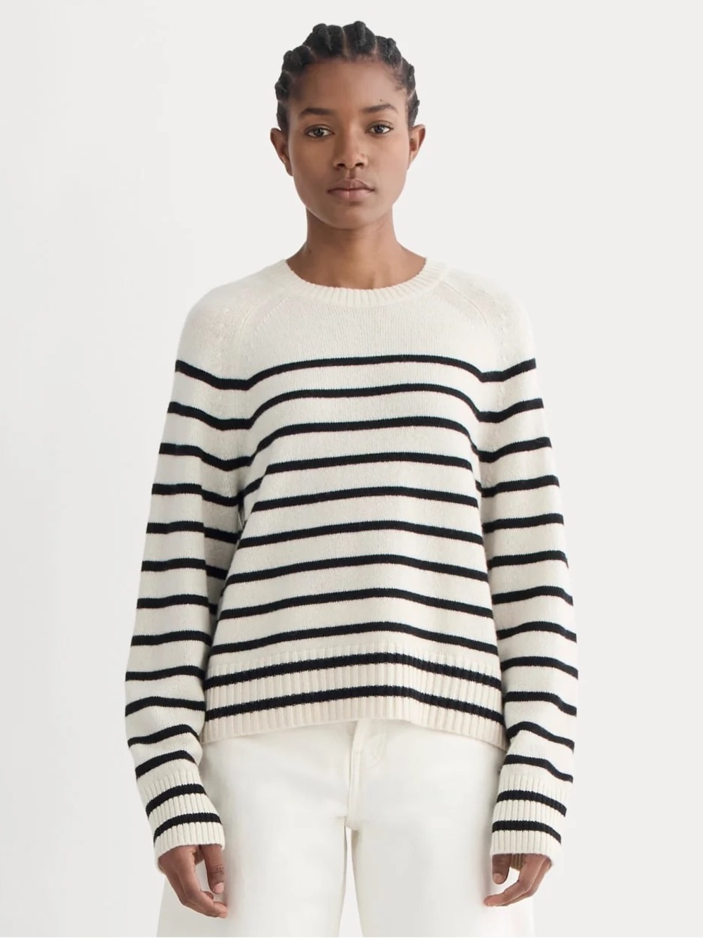 Everlane The Boxy Crew in Cashmere Bone Black Stripe Size L NWOT